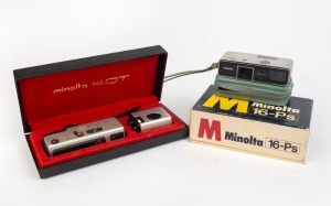 MINOLTA: Two c. 1970s subminiature cameras - one Minolta 16 PS in maker's box with leather camera case, together with one Minolta 16 QT in presentation box with flash attachment and wrist strap. (2 cameras)