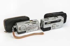 MAMIYA: Two c. 1960 miniature cameras - one Mamiya 16 Automatic with wrist strap and leather case, together with one Mamiya 16 EE Deluxe with matching leather case. (2 cameras)