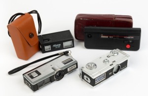 VARIOUS MANUFACTURERS: Group of four miniature cameras - one c. 1963 Rollei 16, one c. 1975 Minox 110 S with leather case, one c. 1975 Hanimex XP-1, and one c. 1987 Kiev Arsenal with leather case. (4 cameras)