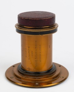 TAYLOR, TAYLOR & HOBSON: 6½ x 4¾ RVP Eq. Focus 10-27" brass lens [#15514], c. 1900s, with lens cap and mounting flange.