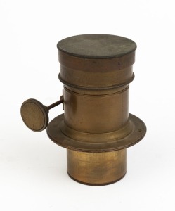 Brass Petzval lens with lens cap, c. 1870s, focal length approx. 8cm, lens diameter approx. 4cm, total height approx. 11cm.