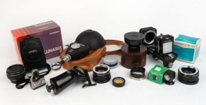 VARIOUS MANUFACTURERS: Accumulation of sixteen accessories from brands such as Rollei, Hasselblad, Nippon Kogaku, Minolta, Canon, and others. (16 items)