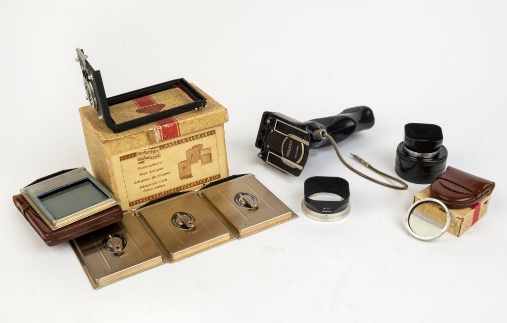 ROLLEI: Five accessories - one Plate Adapter Kit in maker's box, one  Rolleiflex pistol grip, one lens