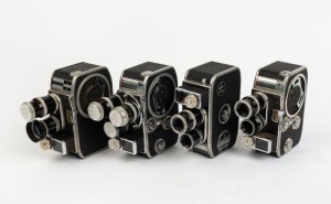 BOLEX-PAILLARD: Four c. 1950s double-8 movie cameras - one D8L with three lenses and three caps, one B8SL with two lenses, one B8L with two lenses, and one B8SL with two lenses, one cap, and one lens filter. (4 movie cameras)