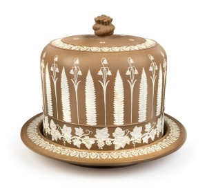 JAMES DUDSON impressive antique English Jasper Ware pottery cheese bell and dish, 19th century, impressed pictorial mark to base, 25cm high, 31cm diameter