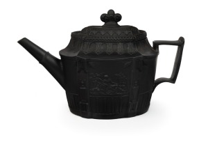 UNKNOWN MAKER antique English black basalt pottery teapot with unusual sliding lid, early 19th century, 15cm high, 24cm wide