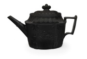 UNKNOWN MAKER antique English black basalt pottery teapot with unusual sliding lid, early 19th century, 15cm high, 24cm wide