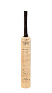 BRADMAN XI v ENGLAND, inaugural Bradman XI match at Bowral, size 5 Cricket Bat signed on front by Don Bradman, Bradman XI & umpires; and signed on reverse by England team, with a total of 40 signatures including Don Bradman, Doug Walters, Geoff Lawson, Da