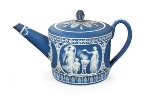 WEDGWOOD blue Jasper Ware antique English pottery teapot with classical scene, 18th/19th century, impressed "WEDGWOOD", 11cm high, 20cm wide