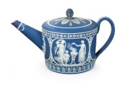 WEDGWOOD blue Jasper Ware antique English pottery teapot with classical scene, 18th/19th century, impressed "WEDGWOOD", ​​​​​​​11cm high, 20cm wide