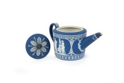 WEDGWOOD blue Jasper Ware antique English pottery teapot with classical scene, 18th/19th century, impressed "WEDGWOOD", ​​​​​​​11cm high, 20cm wide - 2