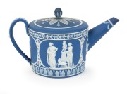 WEDGWOOD blue Jasper Ware antique English pottery teapot with classical scene, 18th/19th century, impressed "WEDGWOOD", ​​​​​​​11cm high, 20cm wide - 3