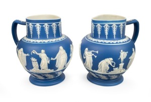 ADAMS pair of antique English blue Jasper Ware pottery jugs, circa 1805, impressed "ADAMS", 19.5cm high, 19cm wide