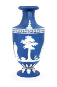 WEDGWOOD antique English blue Jasper Ware&nbsp;pottery vase in the Portland style, adorned with classical muses in relief, circa 1800, impressed "WEDGWOOD", 20cm high - 2