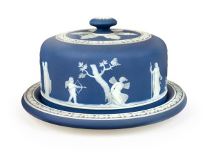 WEDGWOOD antique English blue Jasper Ware pottery cheese dish and cover with Etruscan decoration, early 19th century, impressed "WEDGWOOD", 13cm high, 23cm diameter