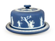 WEDGWOOD antique English blue Jasper Ware pottery cheese dish and cover with Etruscan decoration, early 19th century, impressed "WEDGWOOD", 13cm high, 23cm diameter
