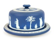 WEDGWOOD antique English blue Jasper Ware pottery cheese dish and cover with Etruscan decoration, early 19th century, impressed "WEDGWOOD", 13cm high, 23cm diameter - 2
