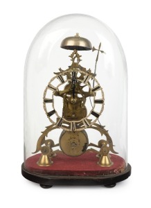 An antique English scroll frame passing strike skeleton clock with chain fusee movement, the wheelwork with four crossings on anchor escapement. Silvered brass pierced chaptering displaying Roman numerals, under glass dome with ebonised base, circa 1890, 35cm high, 23cm wide, 14cm deep overall