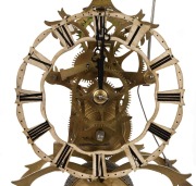 An antique English scroll frame passing strike skeleton clock with chain fusee movement, the wheelwork with four crossings on anchor escapement. Silvered brass pierced chaptering displaying Roman numerals, under glass dome with ebonised base, circa 1890, - 5