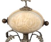 An antique Australian carved emu egg ornament on silver plated mounts with emu, kangaroo and fern adornments, housed in a glass dome, 19th/20th century, 43cm high - 3