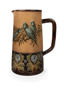 DOULTON LAMBETH rare antique English pottery vase with budgerigar decoration by FLORENCE BARLOW, 19th century, impressed factory mark and artist's monogram to base, an impressive 26cm high