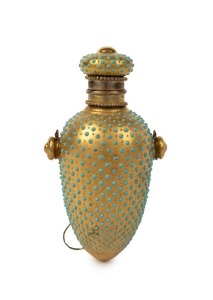 COALPORT stunning antique English porcelain tear drop form scent bottle on richly gilded ground with graduated turquoise pearl work plus gilt metal mounts for chatelaine or finger suspension, circa 1880, 9cm high not including chain