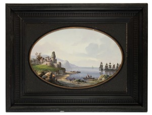 SARREGUEMINES impressive antique French pottery oval plaque with hand-painted coastal port scene depicting tall ships, castle and figures, 19th century, housed in original ebonised timber frame with gilt slip, factory mark to back "SARREGUEMINES CHINA", 45 x 86cm, 79 x 100cm overall