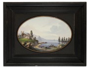 SARREGUEMINES&nbsp;impressive&nbsp;antique French pottery oval plaque with hand-painted coastal port scene depicting tall ships, castle and figures, 19th century, housed in original ebonised timber frame with gilt slip, factory mark to back "SARREGUEMINES&nbsp;CHINA", 4