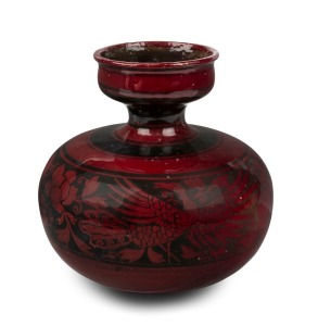 BERNARD MOORE gourd shaped flambe vase decorated with phoenix and peonies, circa 1905, with artist's monogram for Evelyn Hope Beardmore, signed "Bernard Moore", 21cm high, 22cm wide