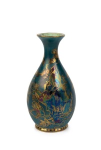 WEDGWOOD "FAIRYLAND" rare Firbolgs design English lustre ware vase on turquoise ground by DAISY MAKEIG-JONES, circa 1925, factory mark to base, 13cm high