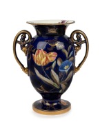 SPODE antique English "New French shape" vase with hand-painted floral motif on cobalt blue ground with gilded highlights, circa 1820, signed "SPODE", bearing "Howell Collect 2001-4" and "Bill Coles Collection" labels to the base, 20.5cm high