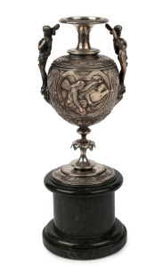 An impressive antique English electrotype cast bronze urn, adorned with maidens, wreaths and angel vignettes, mounted on bands hardstone base, engraved "ART UNION OF LONDON, 1863", 27cm high