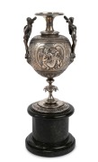 An impressive antique English electrotype cast bronze urn, adorned with maidens, wreaths and angel vignettes, mounted on bands hardstone base, engraved "ART UNION OF LONDON, 1863", 27cm high - 2