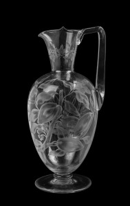 STOURBRIDGE antique English glass wine ewer, beautifully wheel engraved with dragonfly, fruit and foliage, circa 1860, 26cm high