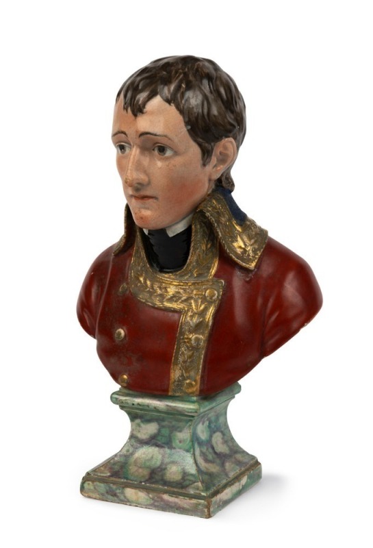 NAPOLEON hand-painted bust on faux marble pedestal, impressed title plaque to back "BONAPARTE", attributed to WOOD FAMILY, circa 1810, 26cm high