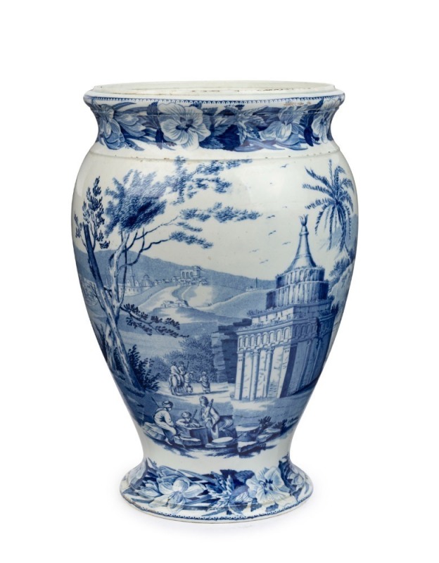 WEDGWOOD "Absalom's Pillar" antique English blue transfer urn, attributed to Abner Wedgwood, circa 1810, impressed "WEDGWOOD", 28.5cm high