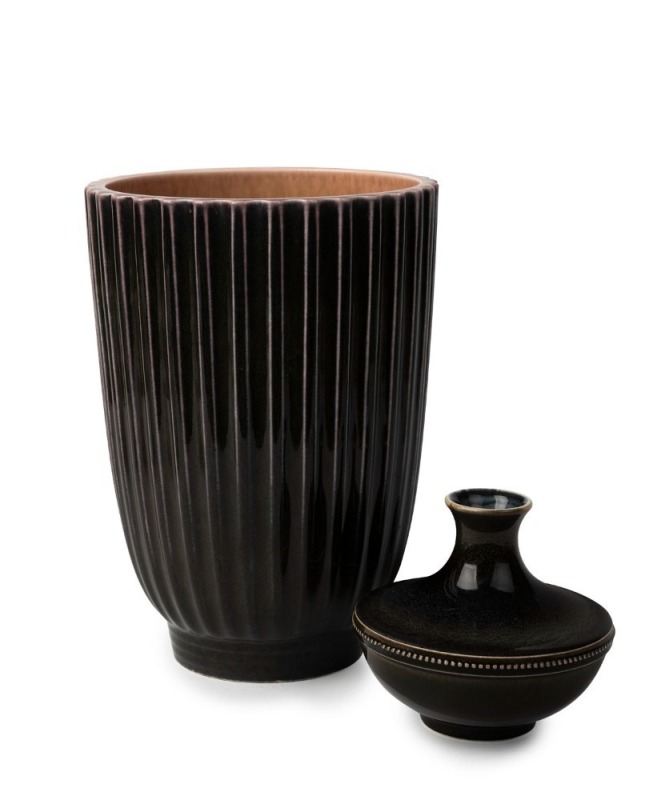 WEDGWOOD fluted English porcelain vase; together with a squat from example in similar glaze with pearl beaded decoration, mid 20th century, (2 items), stamped "WEDGWOOD, N. W.", with additional impressed factory marks, the larger 22cm high