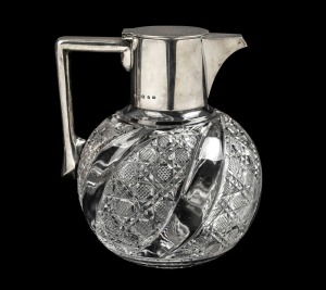 An antique English wine jug with hobnail cut crystal and sterling silver mount by John Grinsell & Sons of Birmingham, circa 1891, 15cm high