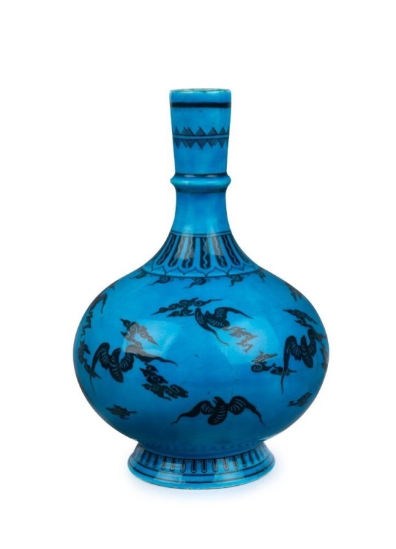 MINTON turquoise glazed baluster form vase in the Oriental style, adorned with bats and clouds, circa 1872, impressed "MINTON", 28cm high