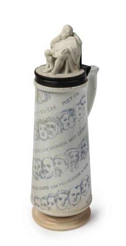 WEDGWOOD rare antique English pearlware shaving pot "Heroes Bearded and Beardless", adorned with seated figure of Tennyson in Parian ware, mounted in pewter, circa 1845, stamped "Wedgwood, R. Redgrave, A.R.A.", with diamond pattern registration, 20cm high