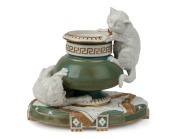 BROWNFIELD antique English porcelain centrepiece with celadon glaze, two applied cats and gilded highlights, circa 1880, 24cm high