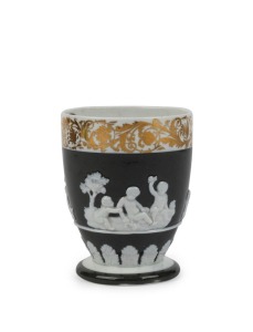 SPODE antique English porcelain beaker with classical relief on olive ground and gilt frieze, circa 1810, signed "SPODE", 8cm high