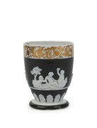 SPODE antique English porcelain beaker with classical relief on olive ground and gilt frieze, circa 1810, signed "SPODE", 8cm high