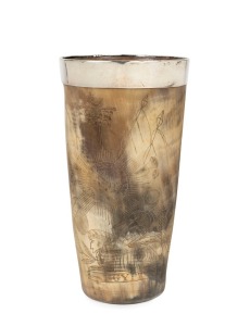 TOWER OF LONDON. Antique English horn beaker with silver mount, engraved decoration and dedication: "R. Robertson, Warder Tower London, 1843." 16.5cm high