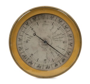AMBROSE NAUDASCHER antique French traveling bimetallic thermometer, hand engraved silver dial with Fahrenheit temperature scale indicating extreme temperature events with associated dates, engraved back plate with glazed exposed movement, circa 1830, 17.5cm diameter