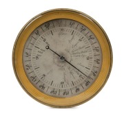 AMBROSE NAUDASCHER&nbsp;antique French traveling bimetallic thermometer, hand engraved silver dial with Fahrenheit temperature scale indicating extreme temperature events with associated dates, engraved back plate with glazed exposed movement, circa 1830, 17.5