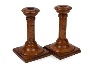 A rare pair of antique New Zealand burr totara turned candlesticks, 19th century, 18cm high