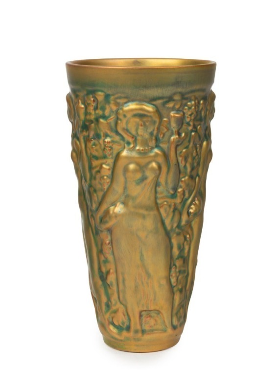 ZSOLNAY Hungarian green and gold lustre glazed beaker with figural decoration, circa 1930s, factory mark to base, 16cm high