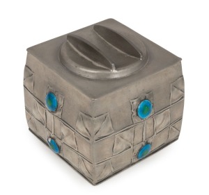 TUDRIC antique English Arts & Crafts pewter and enamel lidded box, stamped "Tudric, Made in England, Dawson's Limited, New Zealand", 11.5cm high