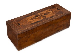 An antique Australian glove box with specimen parquetry veneered top, including native ebony, fiddleback blackwood, myrtle and others, late 19th century, 9.5cm high, 30.5cm wide, 11.5cm deep